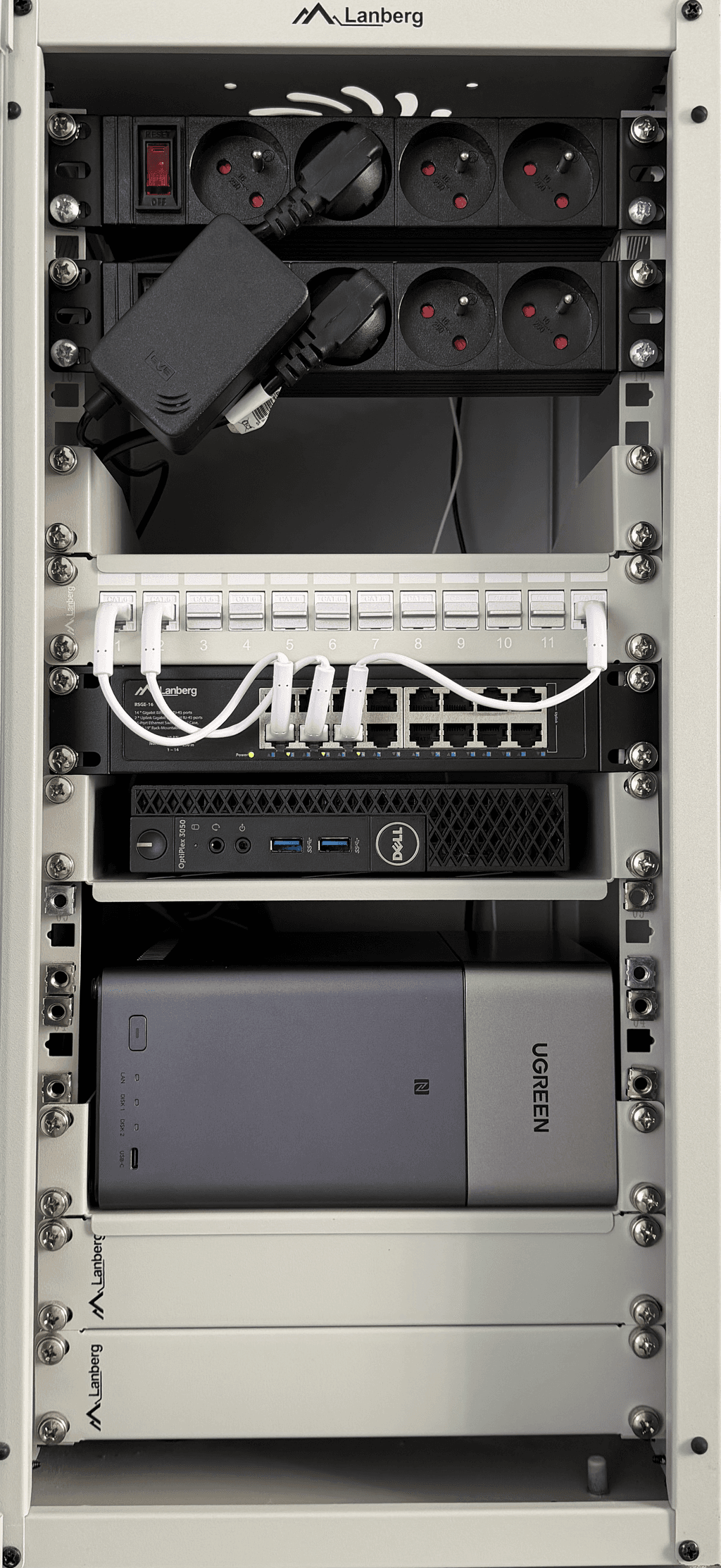 My Homelab Setup showing power strips, patch panel, switch, Optiplex and Ugreen NAS